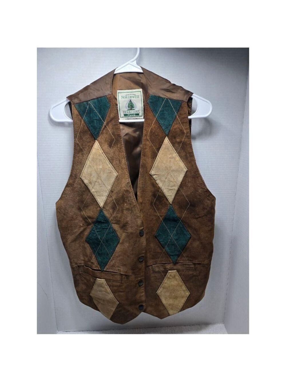 Women's Northwest Territory Brown Teal Argyle Leather Vest 1X